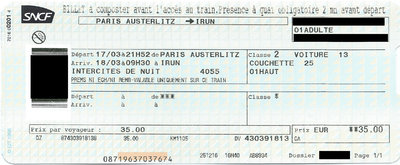 Billet de train de nuit Paris ➔ Irun