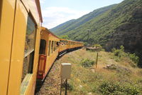 Train jaune de Cerdagne en été avec voitures ouvertes